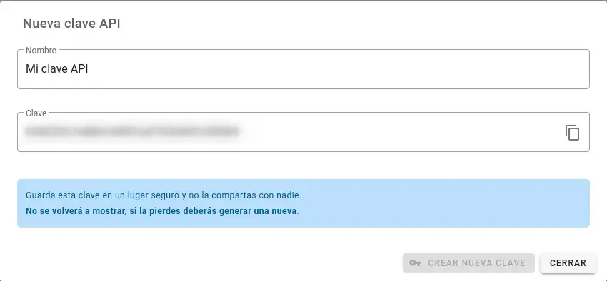 Imagen que muestra el formulario, con una clave API generada.
