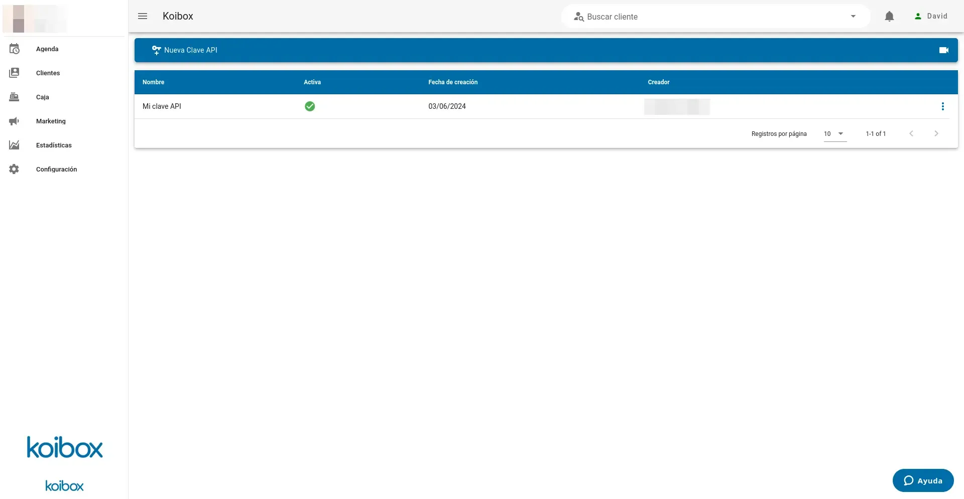 Panel de Koibox donde se muestra un listado de las claves API de un centro.