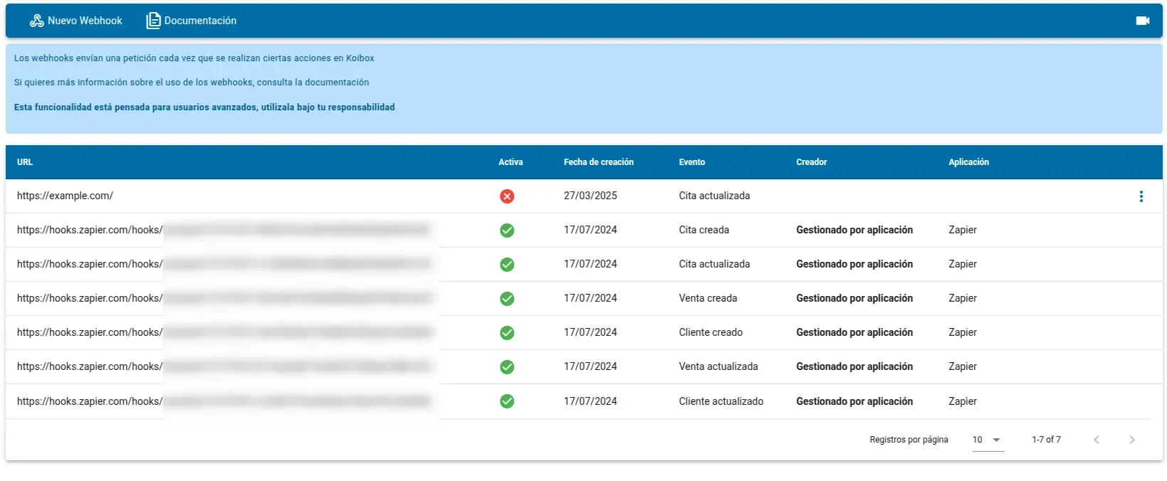 Panel de gestión de webhooks desde Koibox